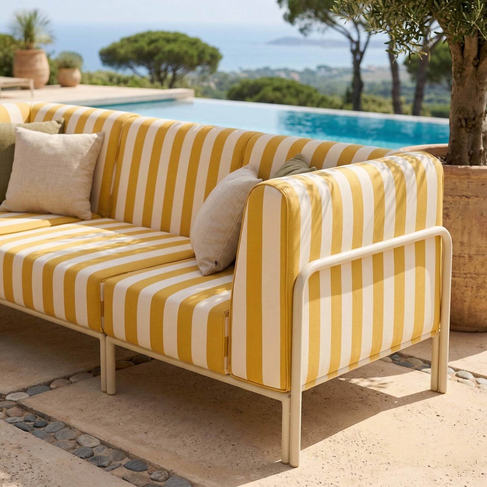 Salon de jardin modulable rayé 3 places avec 1 chauffeuse et 2 fauteuils d'angle