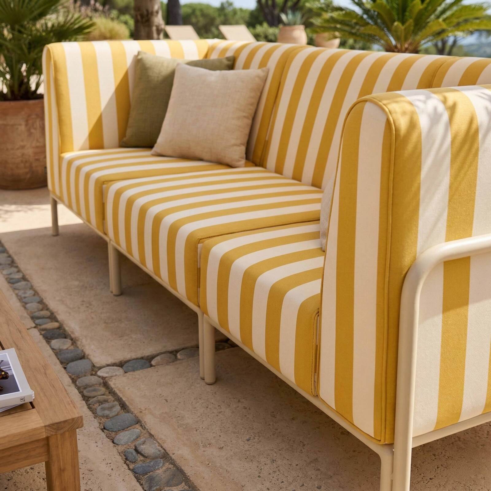 Salon de jardin modulable rayé 3 places avec 1 chauffeuse et 2 fauteuils d'angle