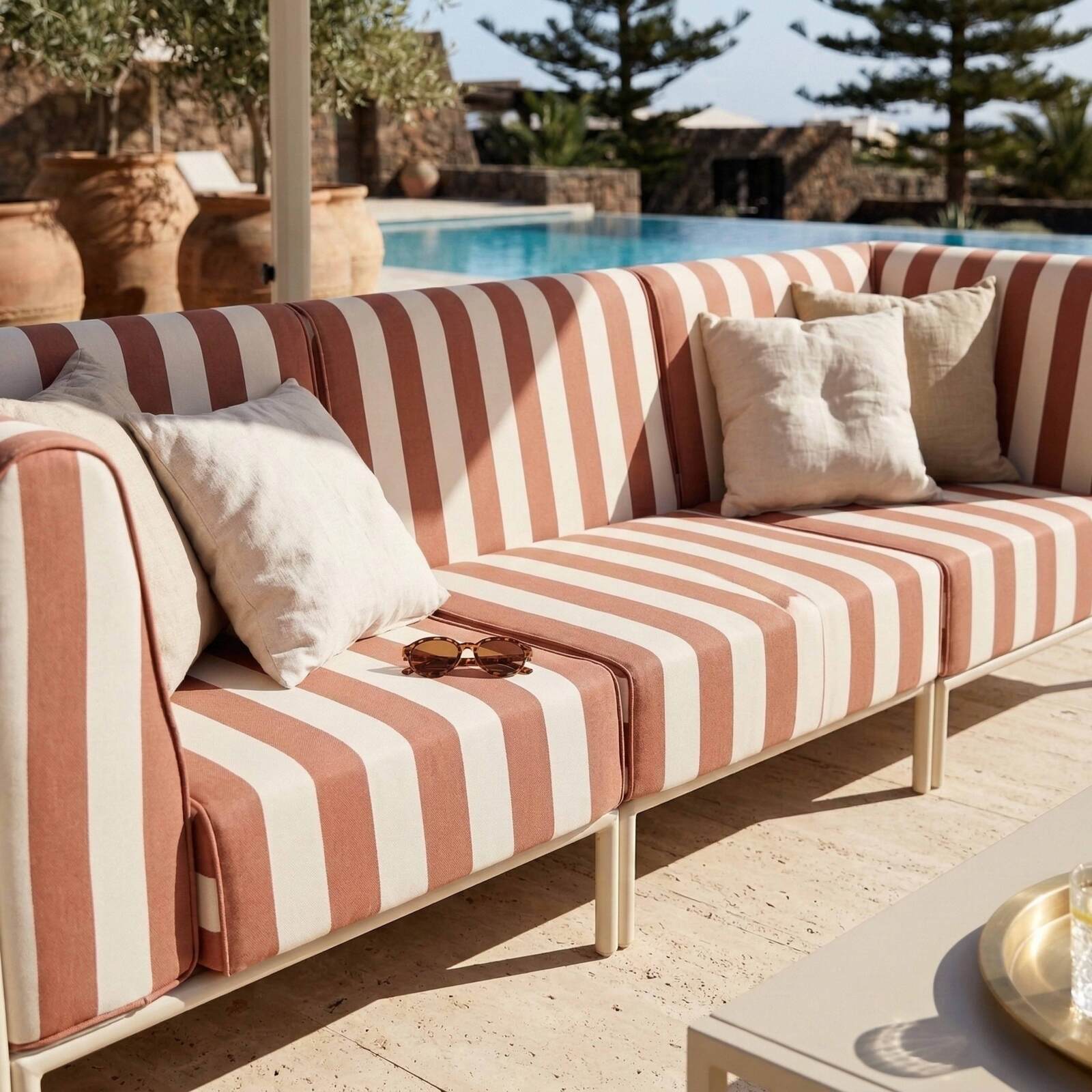 Salon de jardin modulable rayé 3 places avec 1 chauffeuse et 2 fauteuils d'angle