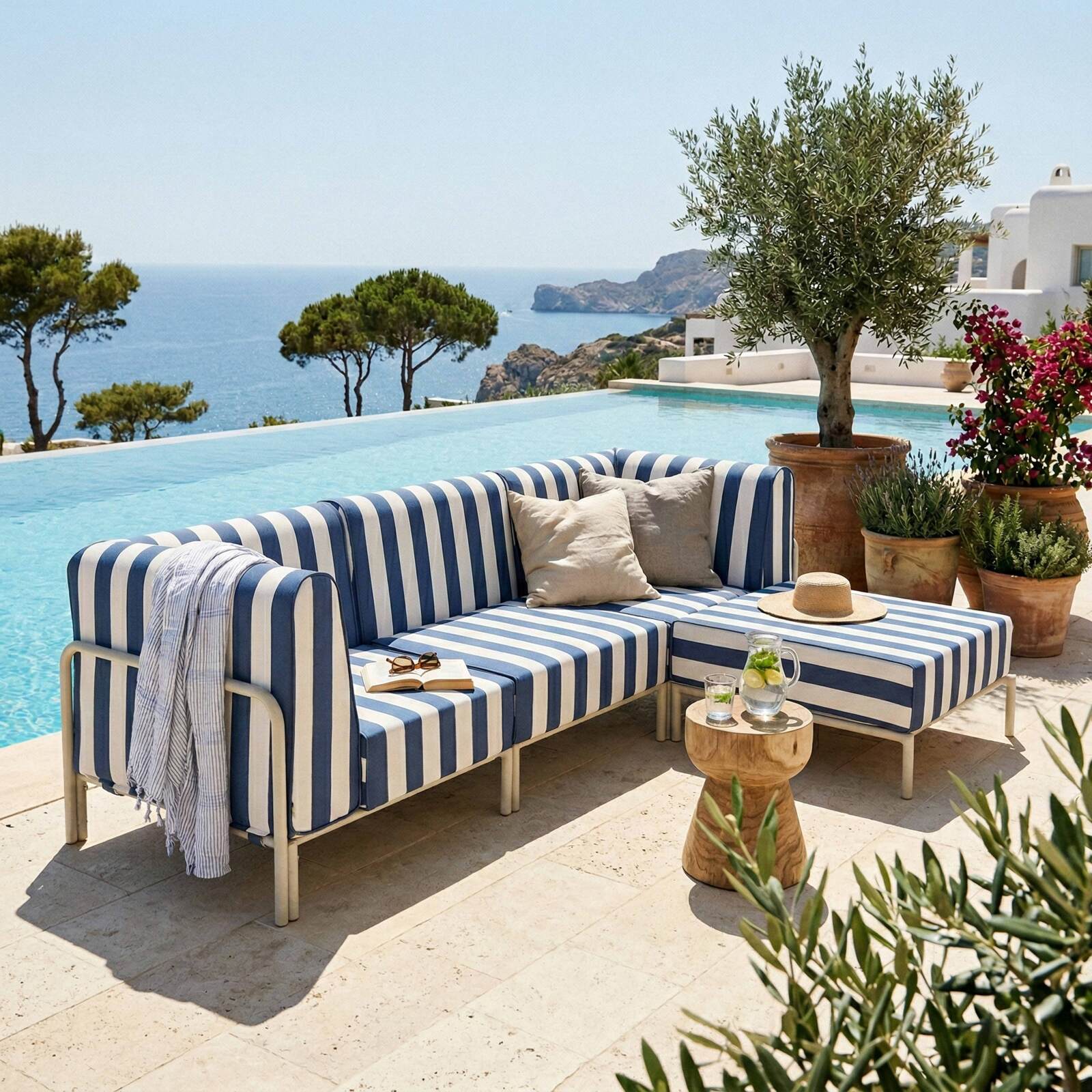 Salon de jardin modulable rayé 4 places avec 1 chauffeuse, 2 fauteuils d'angle et un pouf