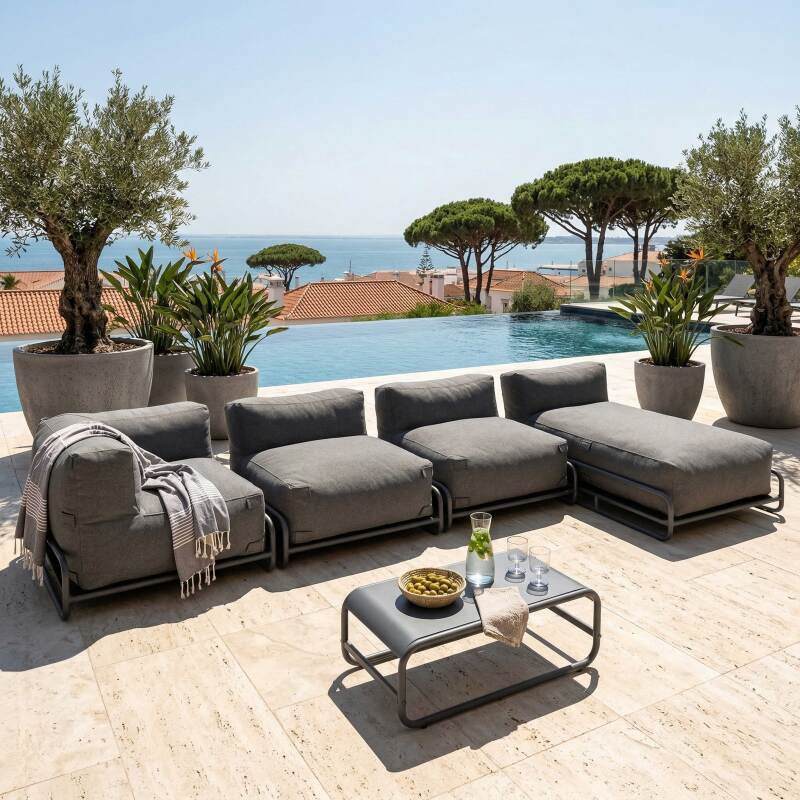 Salon de jardin modulable 5 places avec structure, 2 chauffeuses, 1 fauteuil d'angle, 1 méridienne, 1 pouf et table basse