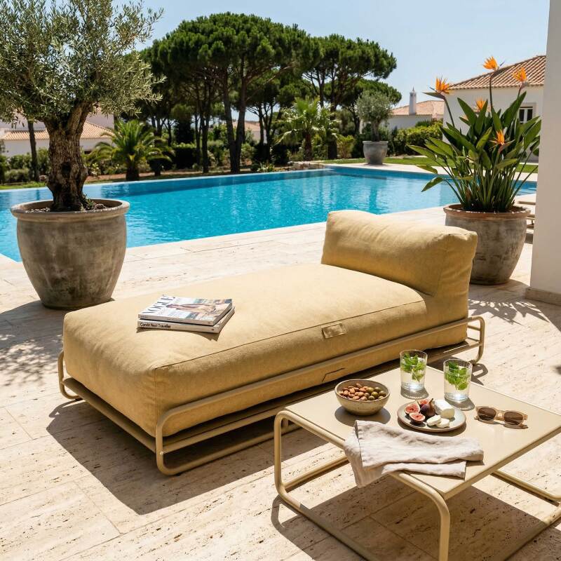 Salon de jardin modulable 5 places avec structure, 2 chauffeuses, 1 fauteuil d'angle, 1 méridienne, 1 pouf et table basse (4/7)