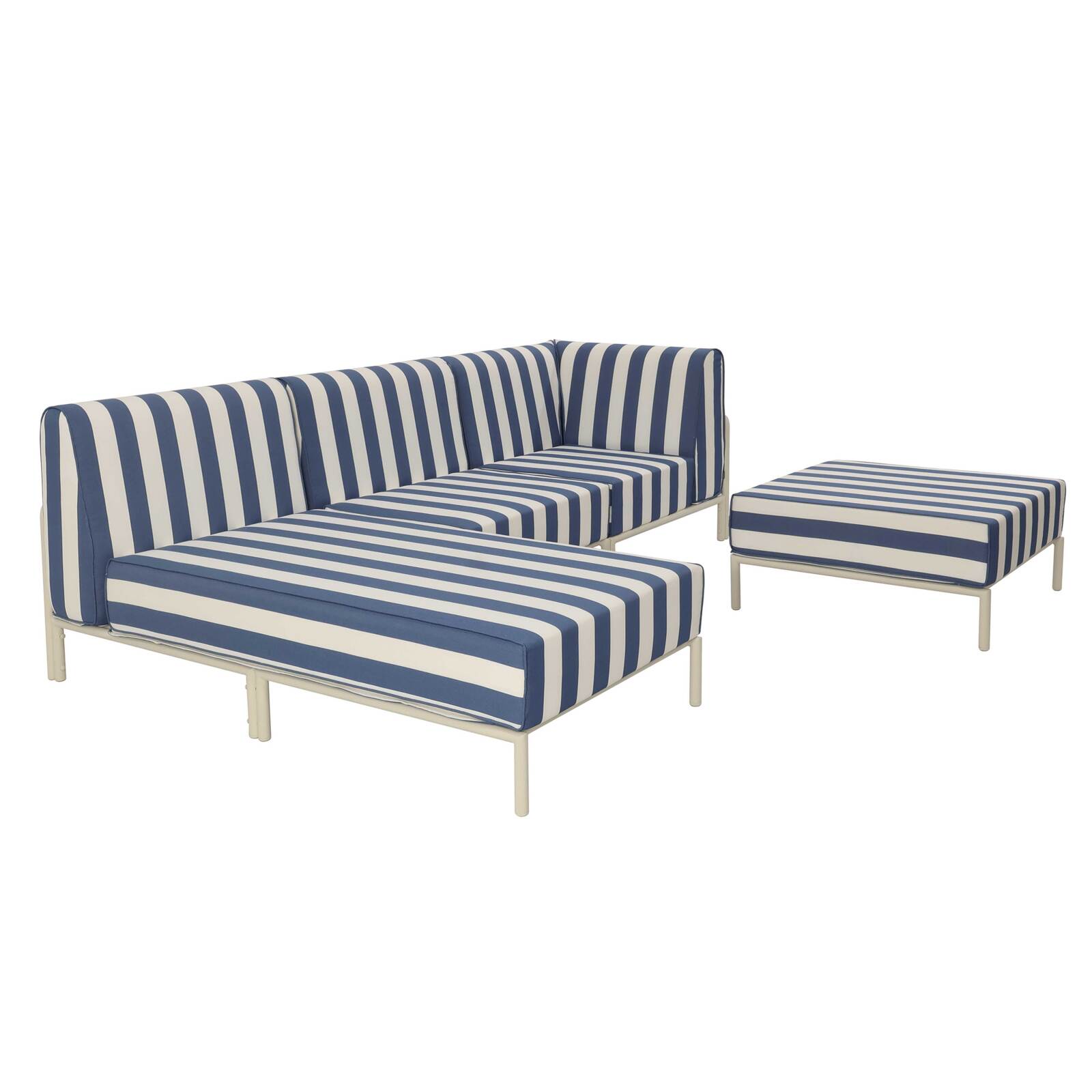 Salon de jardin modulable rayé 4 places avec 1 chauffeuse, 1 fauteuil d'angle, 1 méridienne et 1 pouf