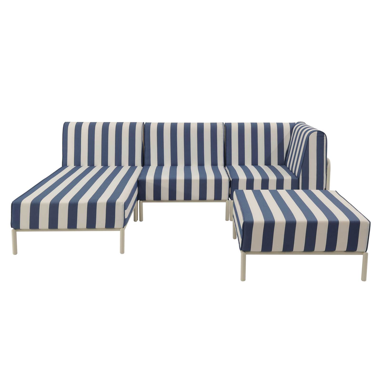Salon de jardin modulable rayé 4 places avec 1 chauffeuse, 1 fauteuil d'angle, 1 méridienne et 1 pouf