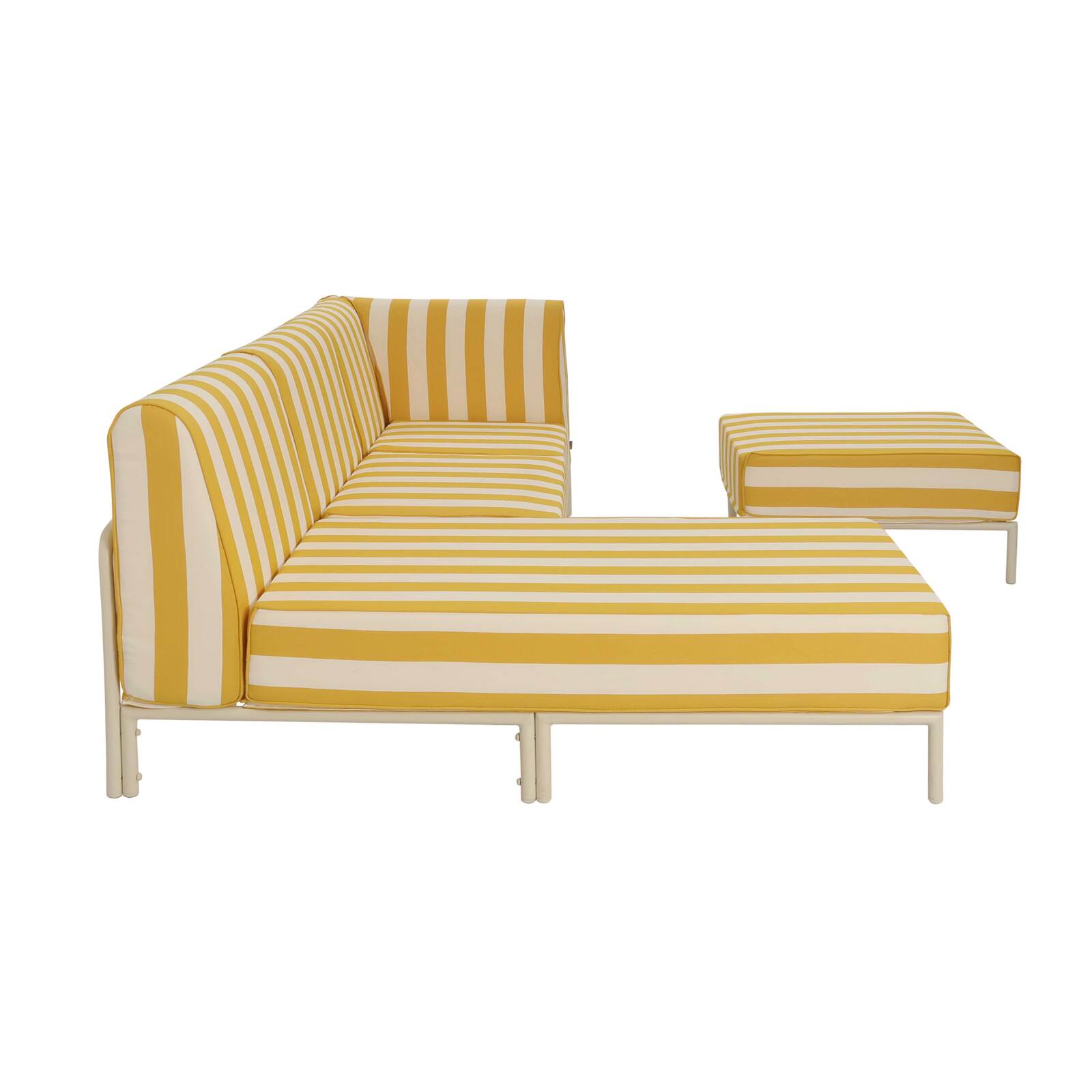 Salon de jardin modulable rayé 4 places avec 1 chauffeuse, 1 fauteuil d'angle, 1 méridienne et 1 pouf