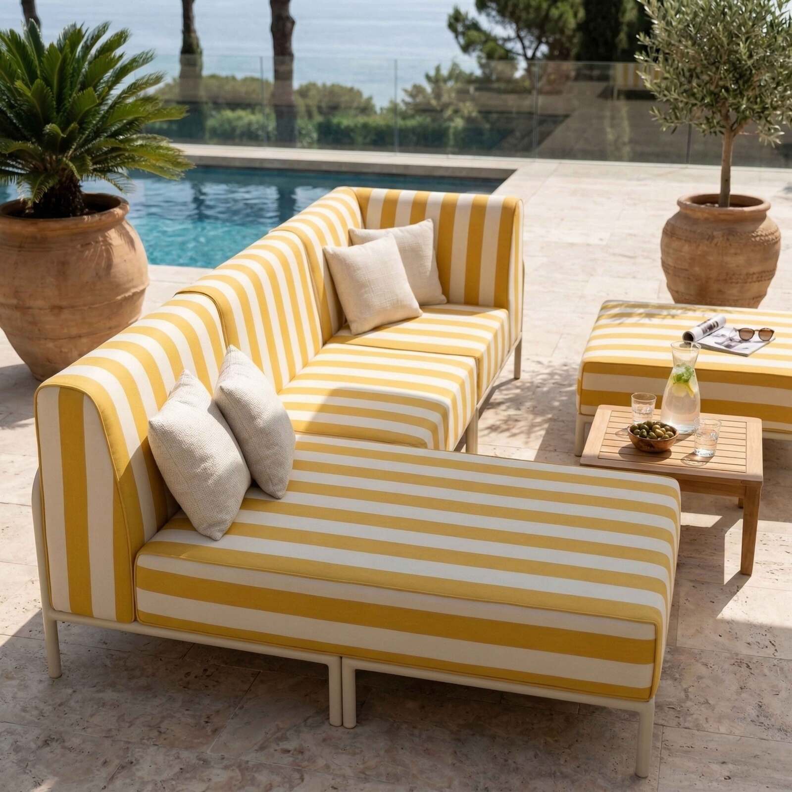 Salon de jardin modulable rayé 4 places avec 1 chauffeuse, 1 fauteuil d'angle, 1 méridienne et 1 pouf