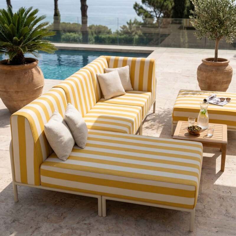 Salon de jardin modulable rayé 4 places avec 1 chauffeuse, 1 fauteuil d'angle, 1 méridienne et 1 pouf (2/8)