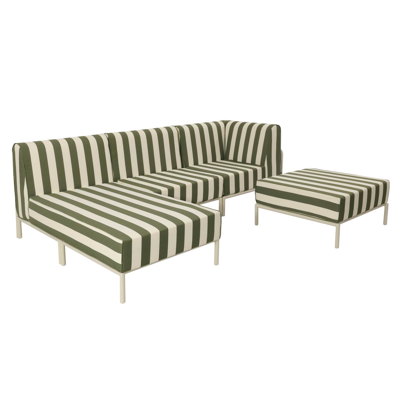 Salon de jardin modulable rayé 4 places avec 1 chauffeuse, 1 fauteuil d'angle, 1 méridienne et 1 pouf