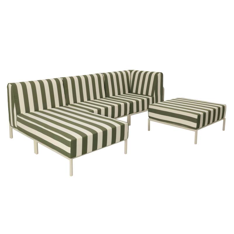 Salon de jardin modulable rayé 4 places avec 1 chauffeuse, 1 fauteuil d'angle, 1 méridienne et 1 pouf