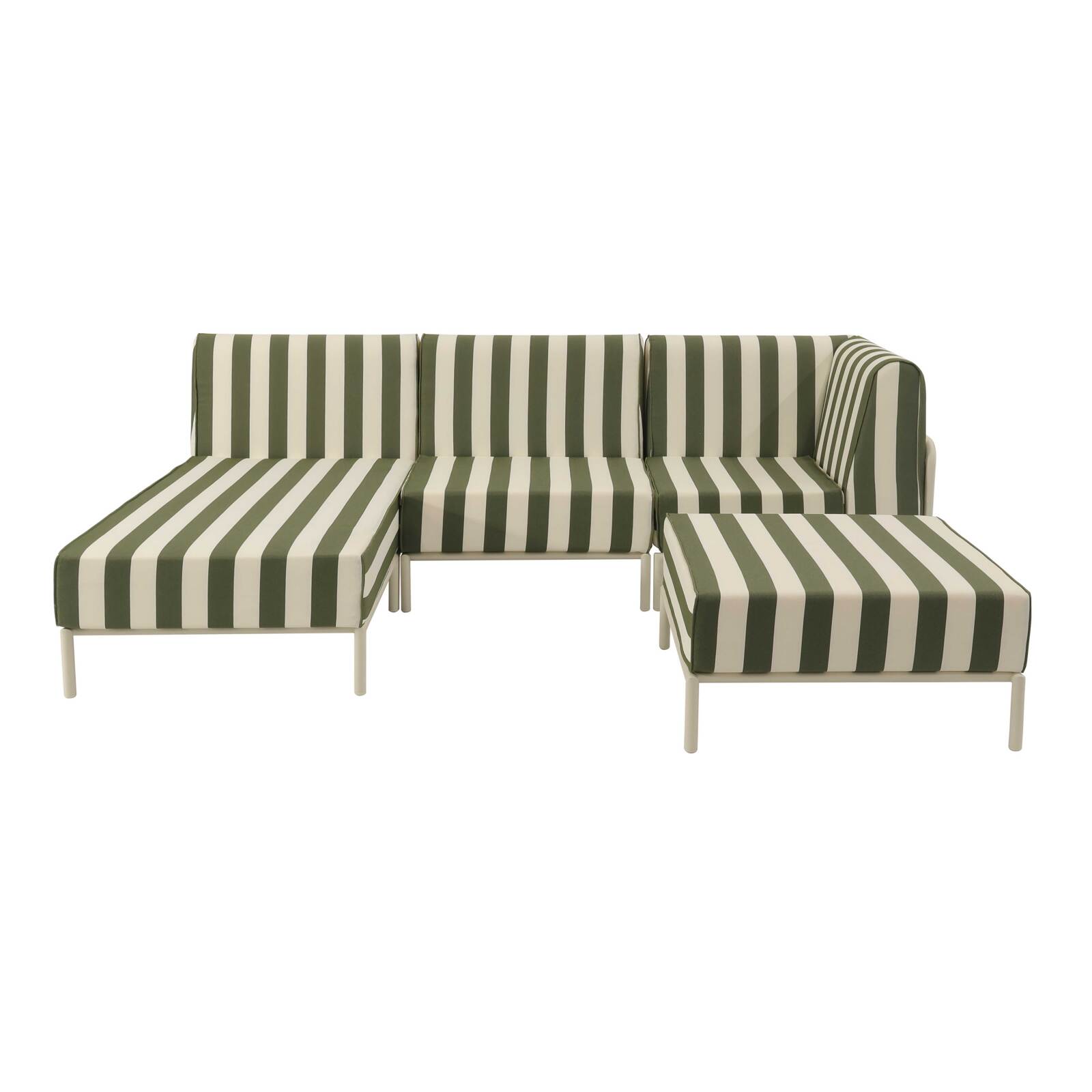 Salon de jardin modulable rayé 4 places avec 1 chauffeuse, 1 fauteuil d'angle, 1 méridienne et 1 pouf