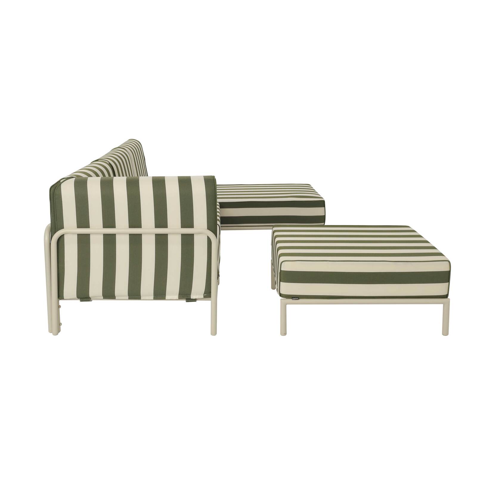 Salon de jardin modulable rayé 4 places avec 1 chauffeuse, 1 fauteuil d'angle, 1 méridienne et 1 pouf