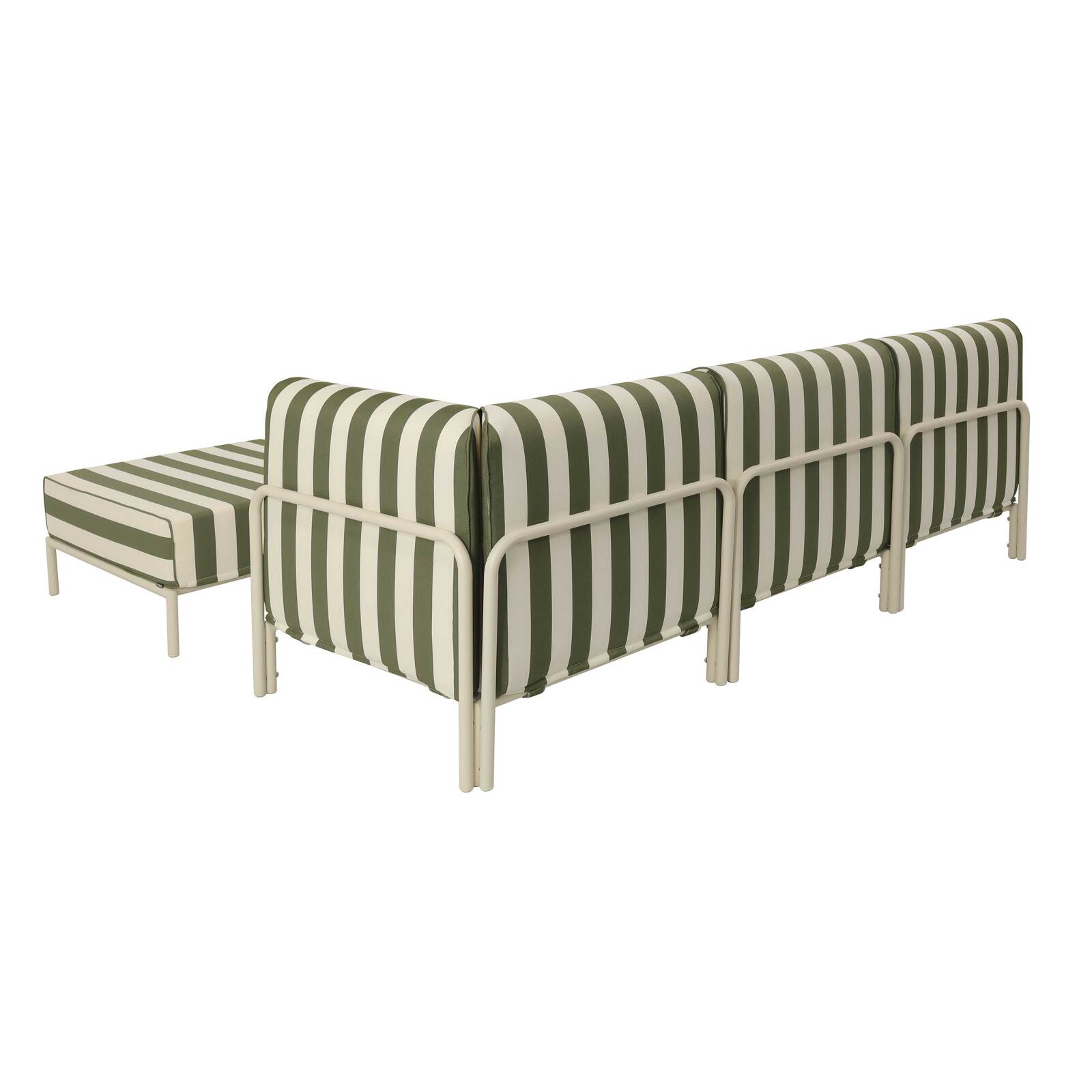 Salon de jardin modulable rayé 4 places avec 1 chauffeuse, 1 fauteuil d'angle, 1 méridienne et 1 pouf