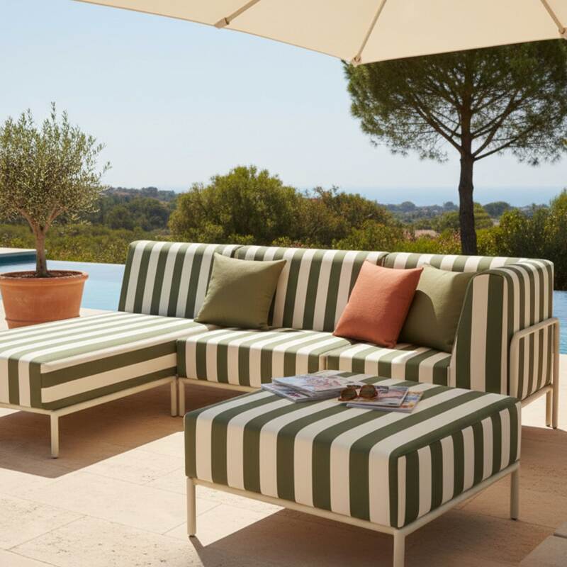 Salon de jardin modulable rayé 4 places avec 1 chauffeuse, 1 fauteuil d'angle, 1 méridienne et 1 pouf (2/7)