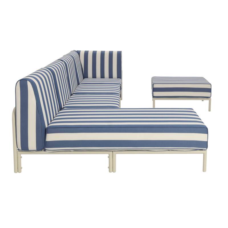 Salon de jardin modulable rayé 5 places avec 2 chauffeuses, 1 fauteuil d'angle, 1 méridienne et 1 pouf (6/7)