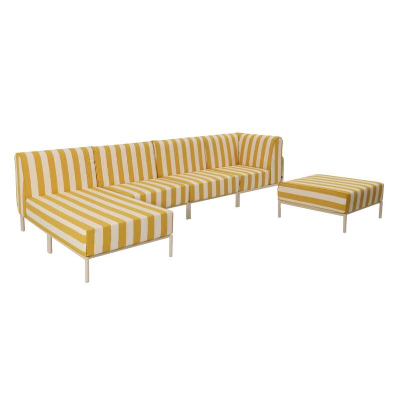 Salon de jardin modulable rayé 5 places avec 2 chauffeuses, 1 fauteuil d'angle, 1 méridienne et 1 pouf