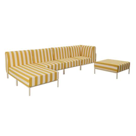 Salon de jardin modulable rayé 5 places avec 2 chauffeuses, 1 fauteuil d'angle, 1 méridienne et 1 pouf