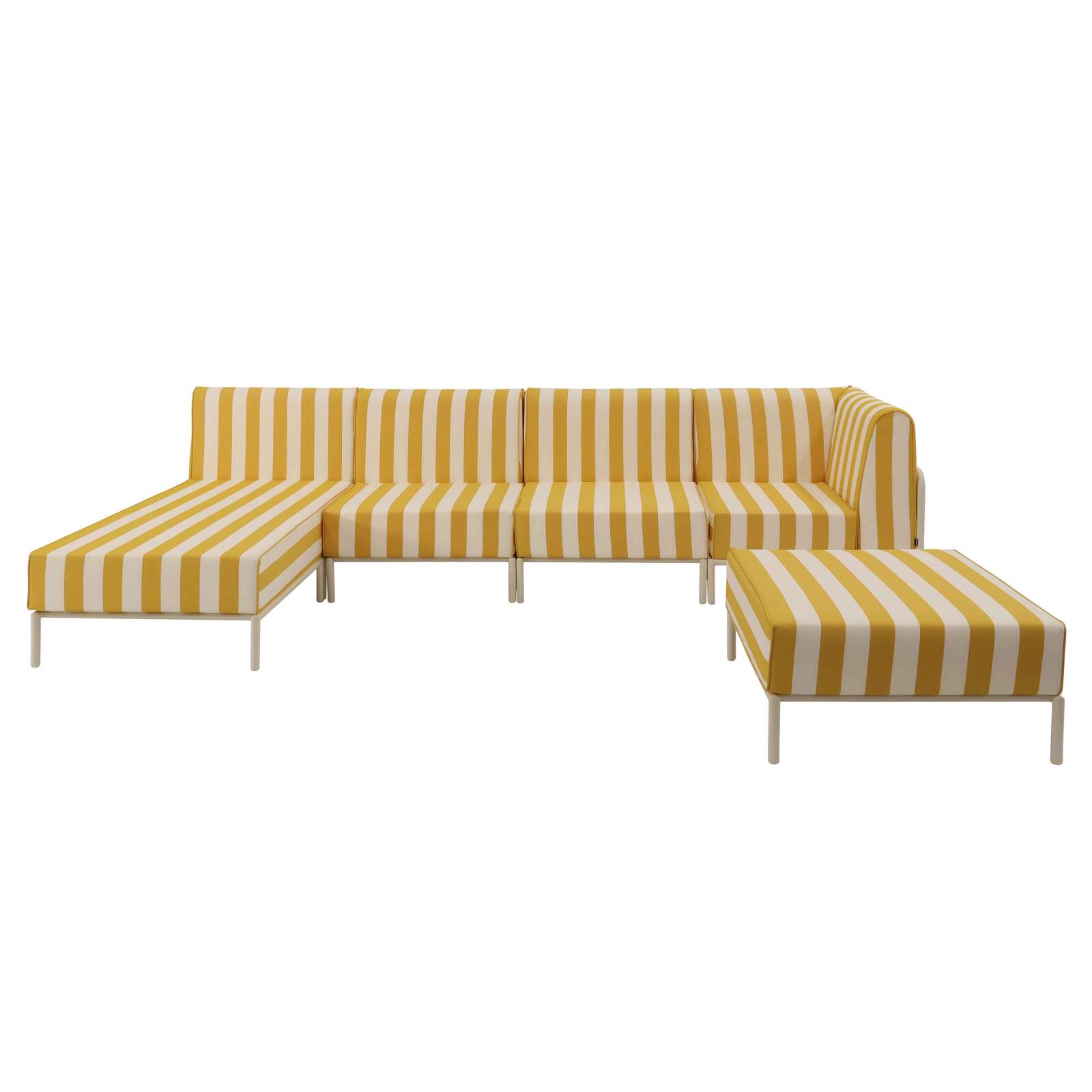 Salon de jardin modulable rayé 5 places avec 2 chauffeuses, 1 fauteuil d'angle, 1 méridienne et 1 pouf