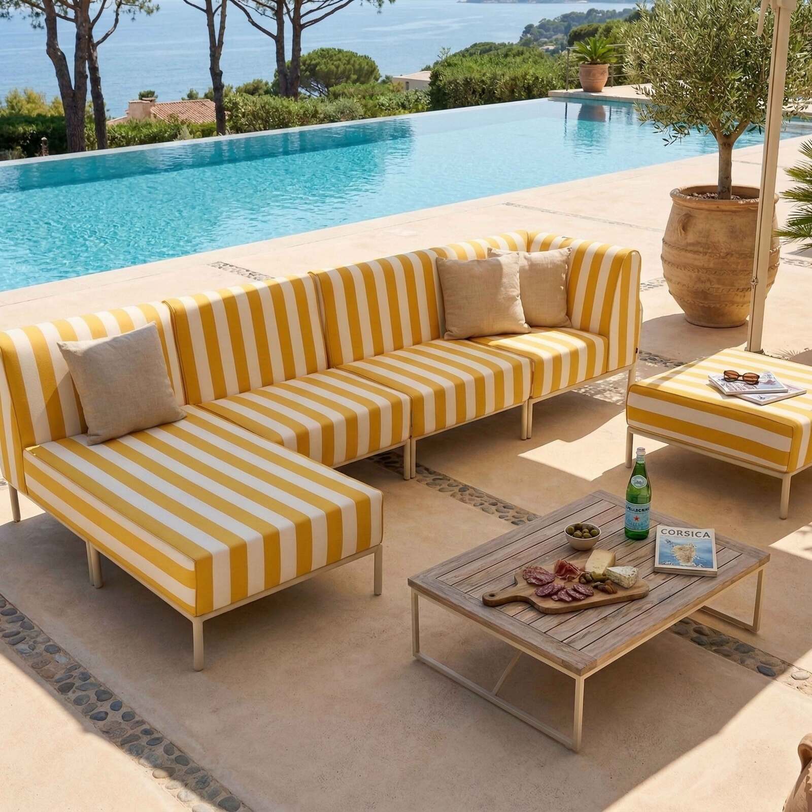Salon de jardin modulable rayé 5 places avec 2 chauffeuses, 1 fauteuil d'angle, 1 méridienne et 1 pouf