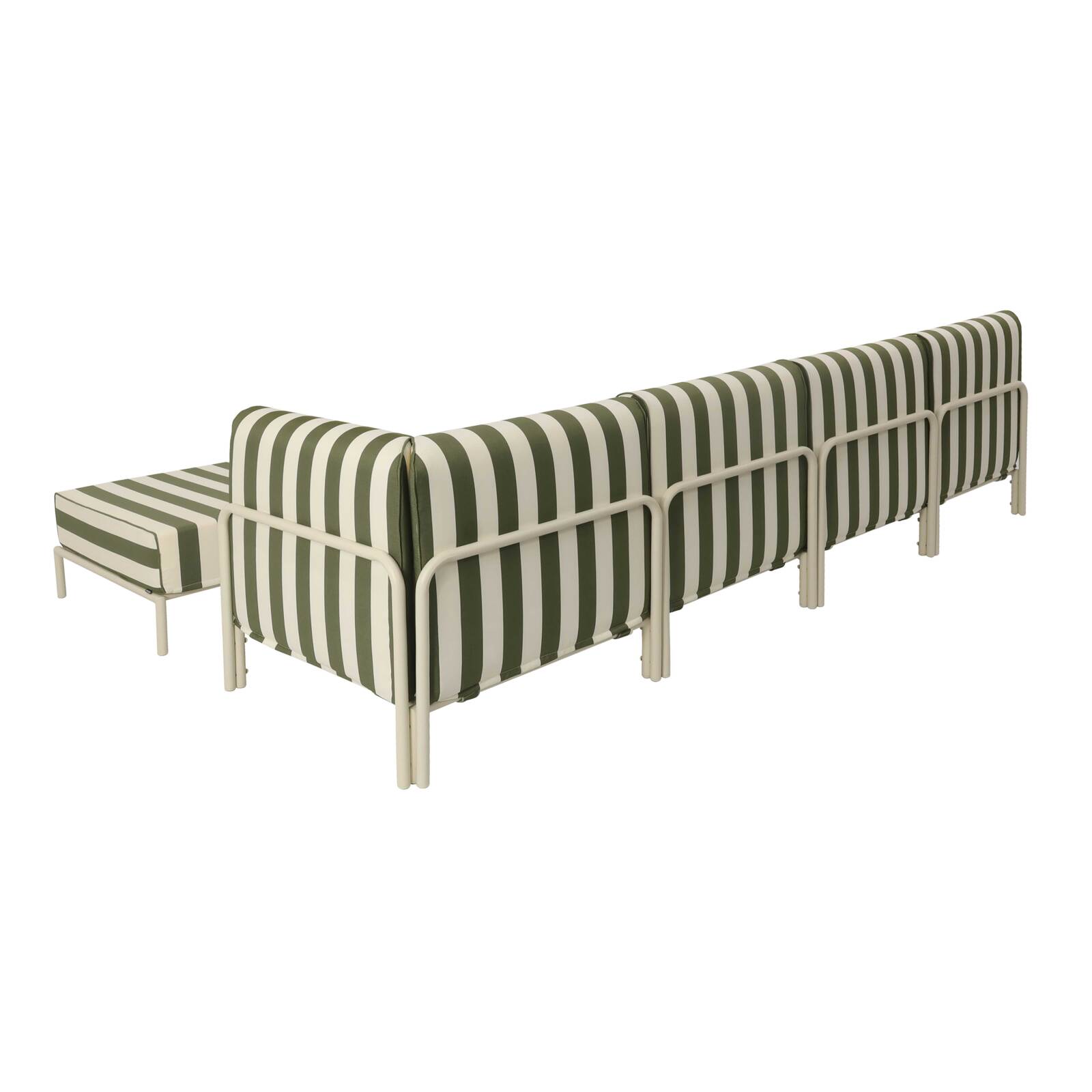 Salon de jardin modulable rayé 5 places avec 2 chauffeuses, 1 fauteuil d'angle, 1 méridienne et 1 pouf