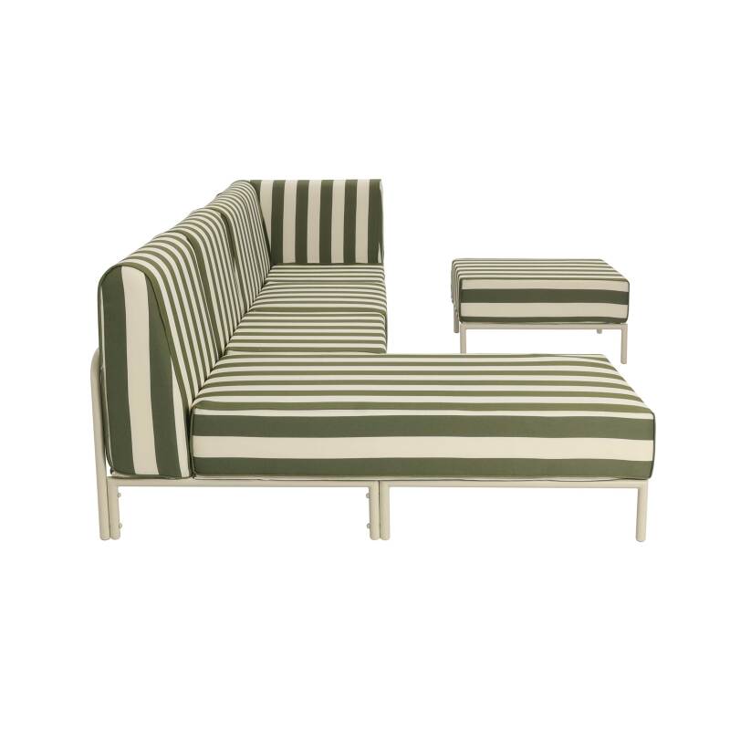 Salon de jardin modulable rayé 5 places avec 2 chauffeuses, 1 fauteuil d'angle, 1 méridienne et 1 pouf (7/8)