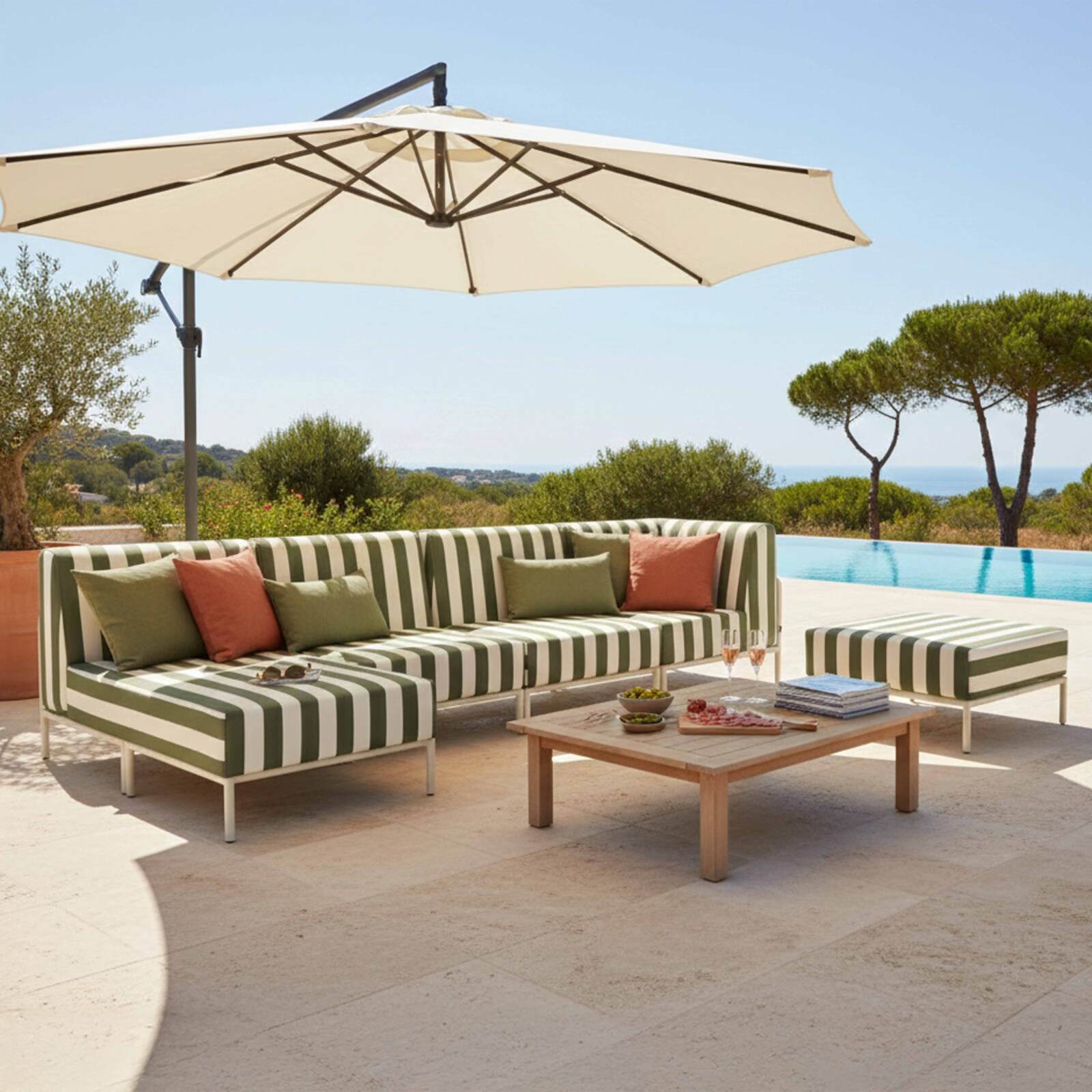 Salon de jardin modulable rayé 5 places avec 2 chauffeuses, 1 fauteuil d'angle, 1 méridienne et 1 pouf