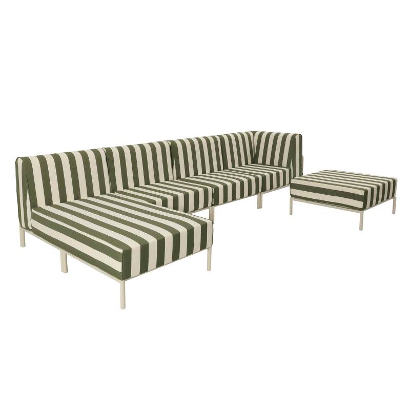 Salon de jardin modulable rayé 5 places avec 2 chauffeuses, 1 fauteuil d'angle, 1 méridienne et 1 pouf