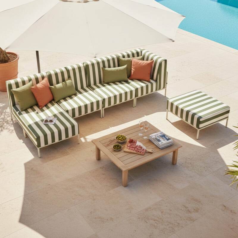 Salon de jardin modulable rayé 5 places avec 2 chauffeuses, 1 fauteuil d'angle, 1 méridienne et 1 pouf (2/8)