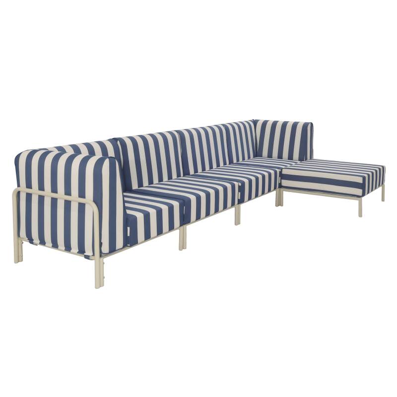 Salon de jardin modulable rayé 5 places avec 2 chauffeuses, 2 fauteuils d'angle et un pouf