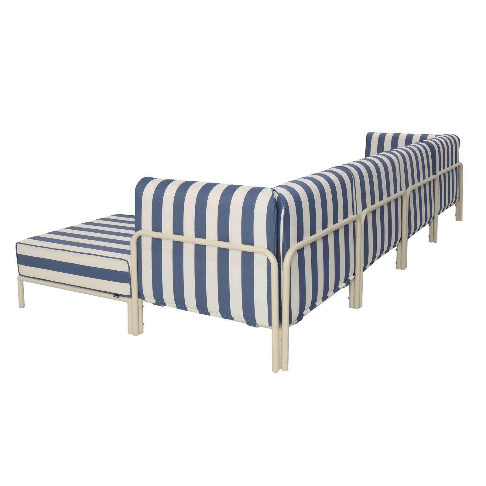 Salon de jardin modulable rayé 5 places avec 2 chauffeuses, 2 fauteuils d'angle et un pouf