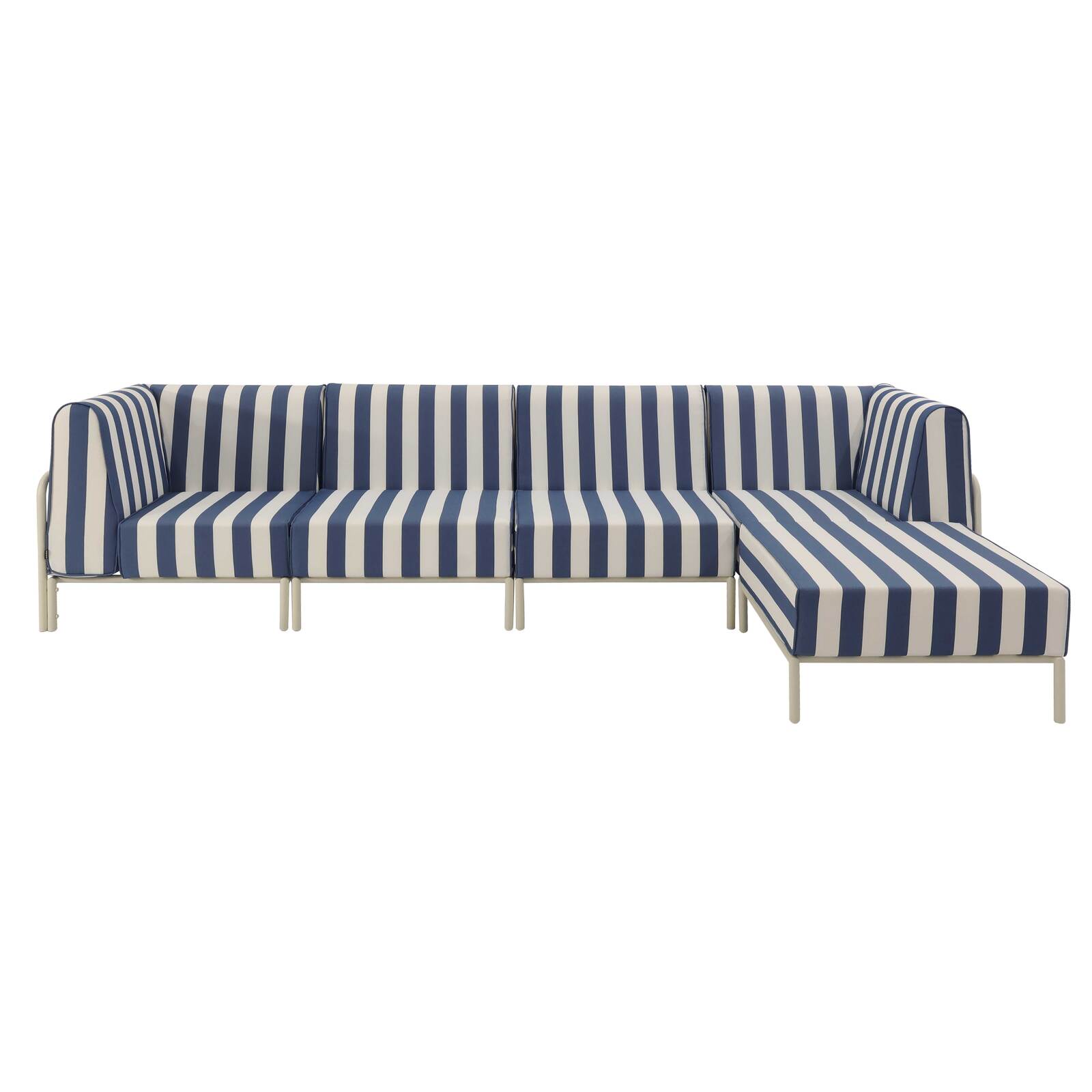 Salon de jardin modulable rayé 5 places avec 2 chauffeuses, 2 fauteuils d'angle et un pouf