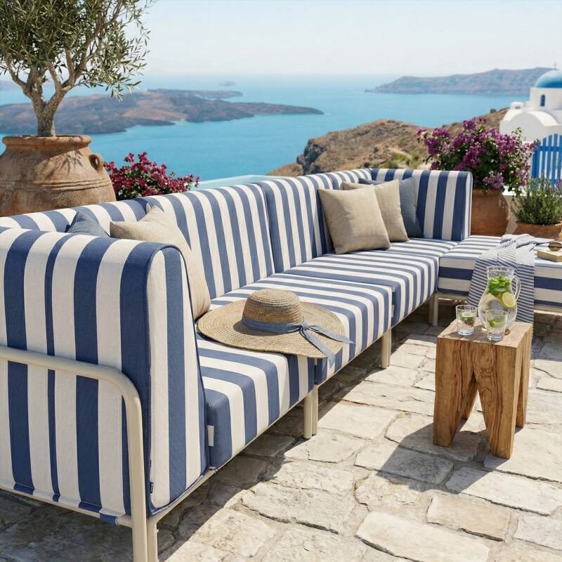 Salon de jardin modulable rayé 5 places avec 2 chauffeuses, 2 fauteuils d'angle et un pouf (2/7)