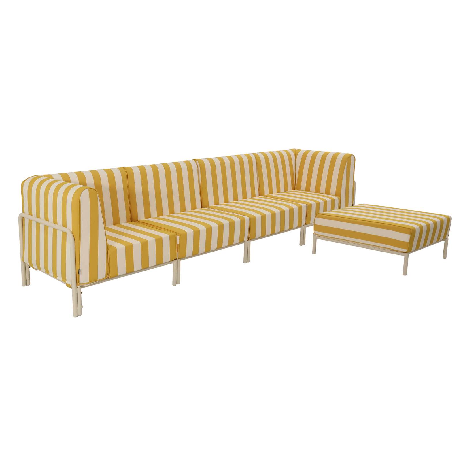 Salon de jardin modulable rayé 5 places avec 2 chauffeuses, 2 fauteuils d'angle et un pouf