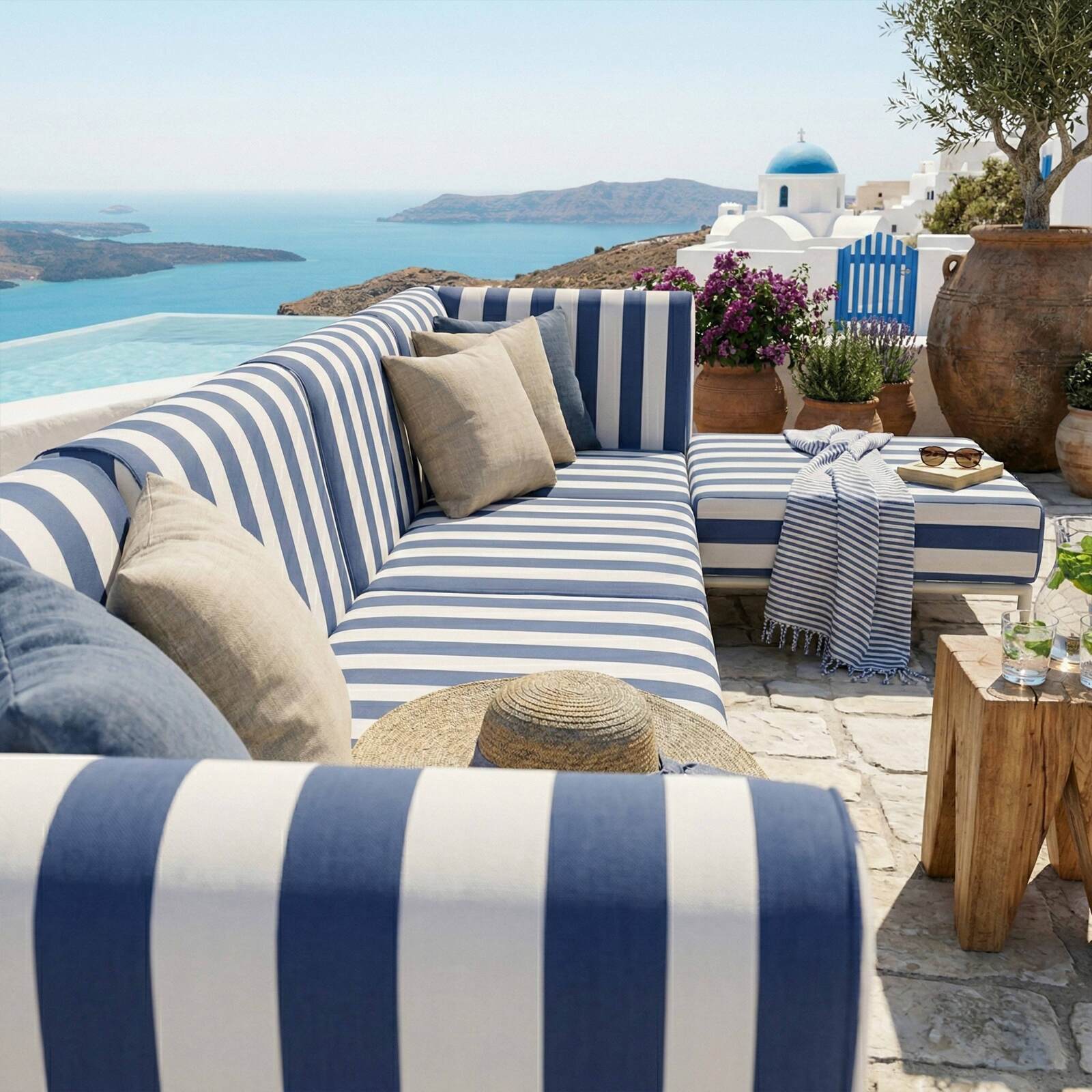 Salon de jardin modulable rayé 5 places avec 2 chauffeuses, 2 fauteuils d'angle et un pouf