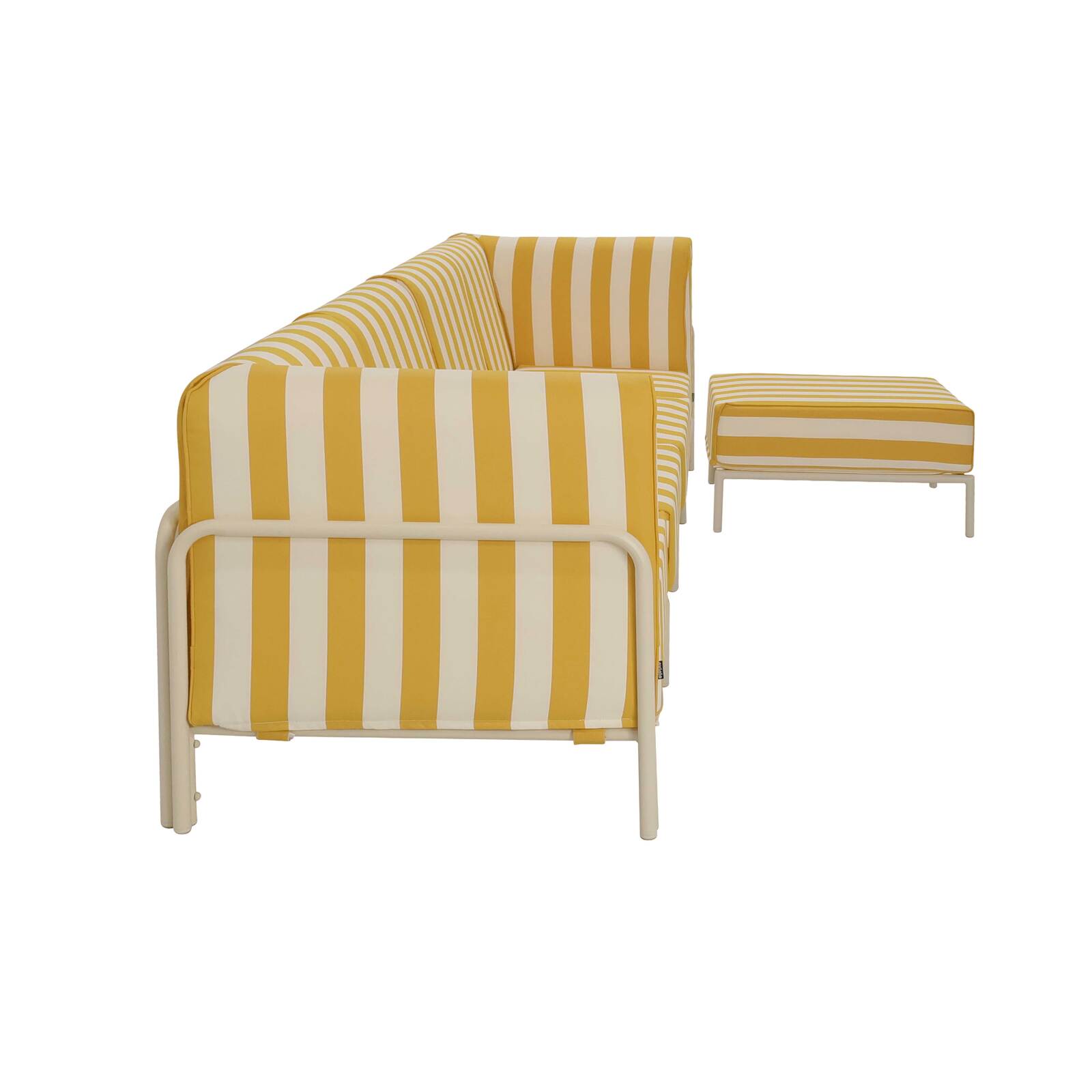 Salon de jardin modulable rayé 5 places avec 2 chauffeuses, 2 fauteuils d'angle et un pouf