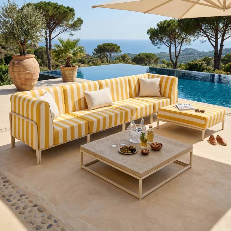 Salon de jardin modulable rayé 5 places avec 2 chauffeuses, 2 fauteuils d'angle et un pouf