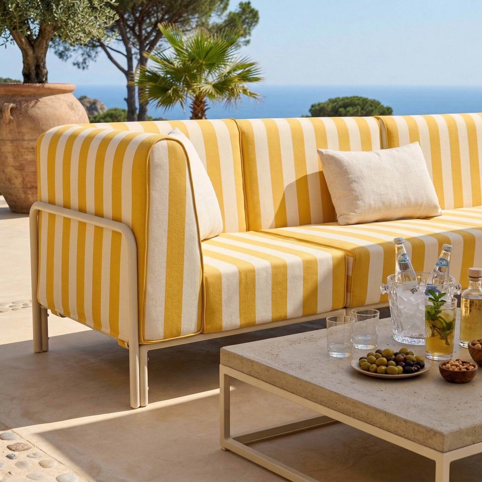 Salon de jardin modulable rayé 5 places avec 2 chauffeuses, 2 fauteuils d'angle et un pouf