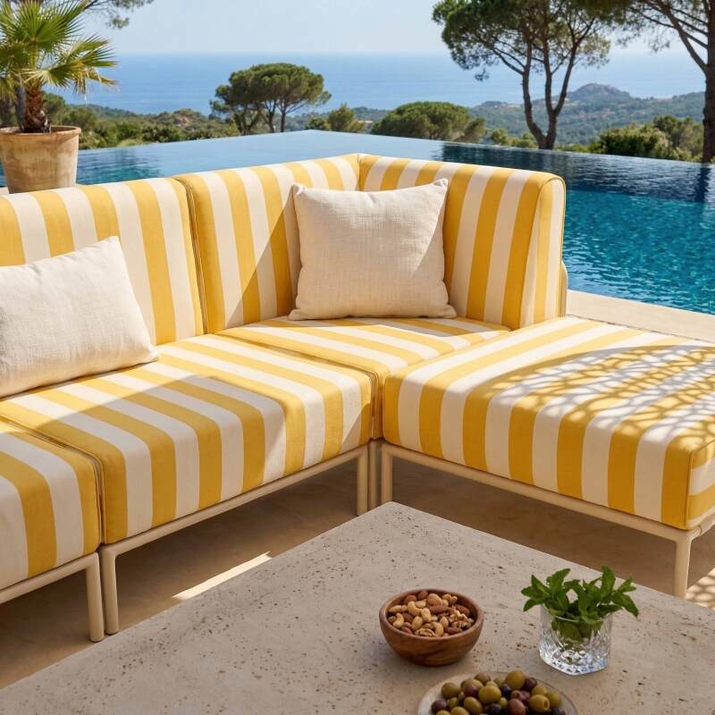 Salon de jardin modulable rayé 5 places avec 2 chauffeuses, 2 fauteuils d'angle et un pouf (3/7)