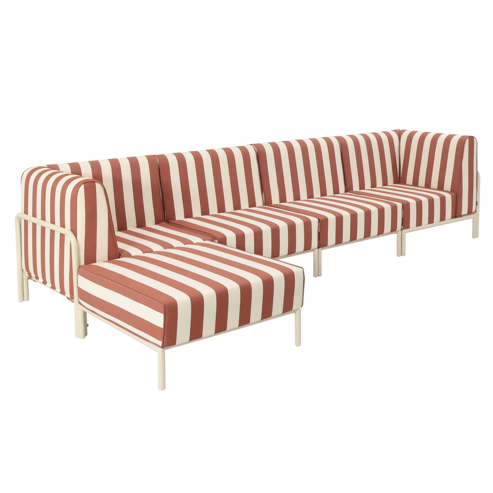 Salon de jardin modulable rayé 5 places avec 2 chauffeuses, 2 fauteuils d'angle et un pouf