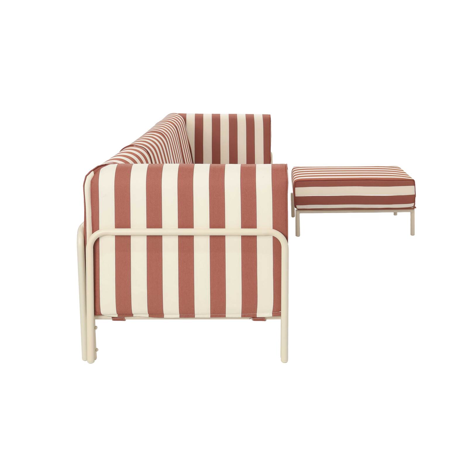 Salon de jardin modulable rayé 5 places avec 2 chauffeuses, 2 fauteuils d'angle et un pouf