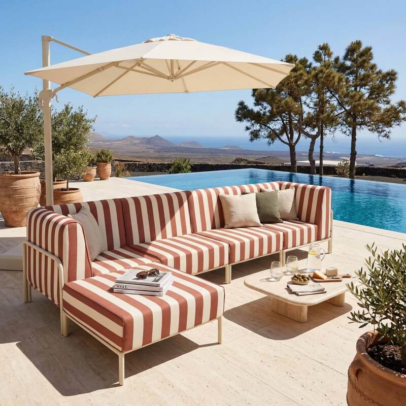 Salon de jardin modulable rayé 5 places avec 2 chauffeuses, 2 fauteuils d'angle et un pouf