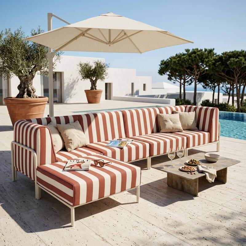 Salon de jardin modulable rayé 5 places avec 2 chauffeuses, 2 fauteuils d'angle et un pouf (6/7)