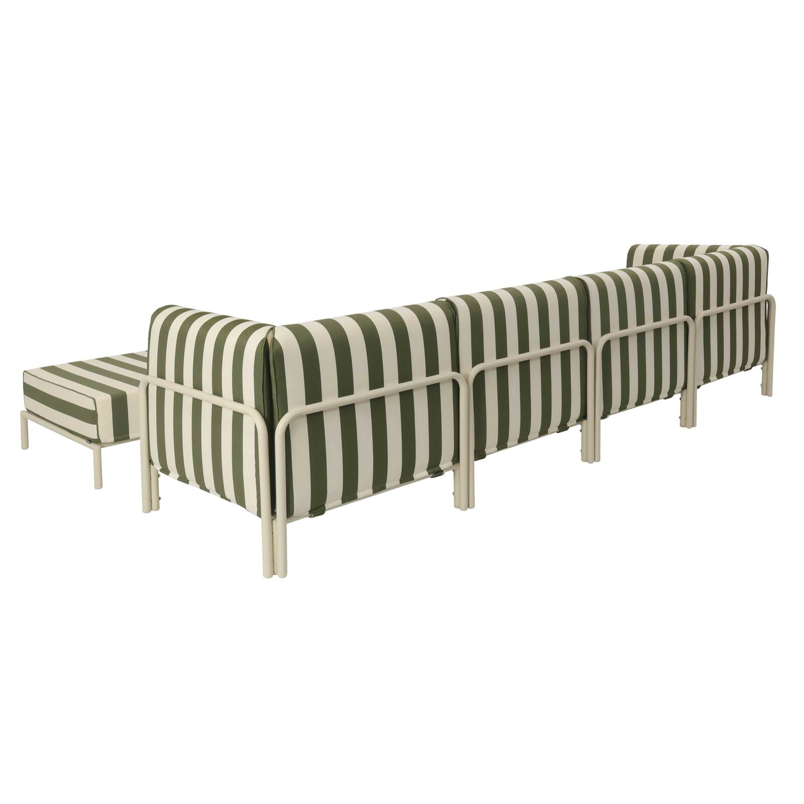 Salon de jardin modulable rayé 5 places avec 2 chauffeuses, 2 fauteuils d'angle et un pouf
