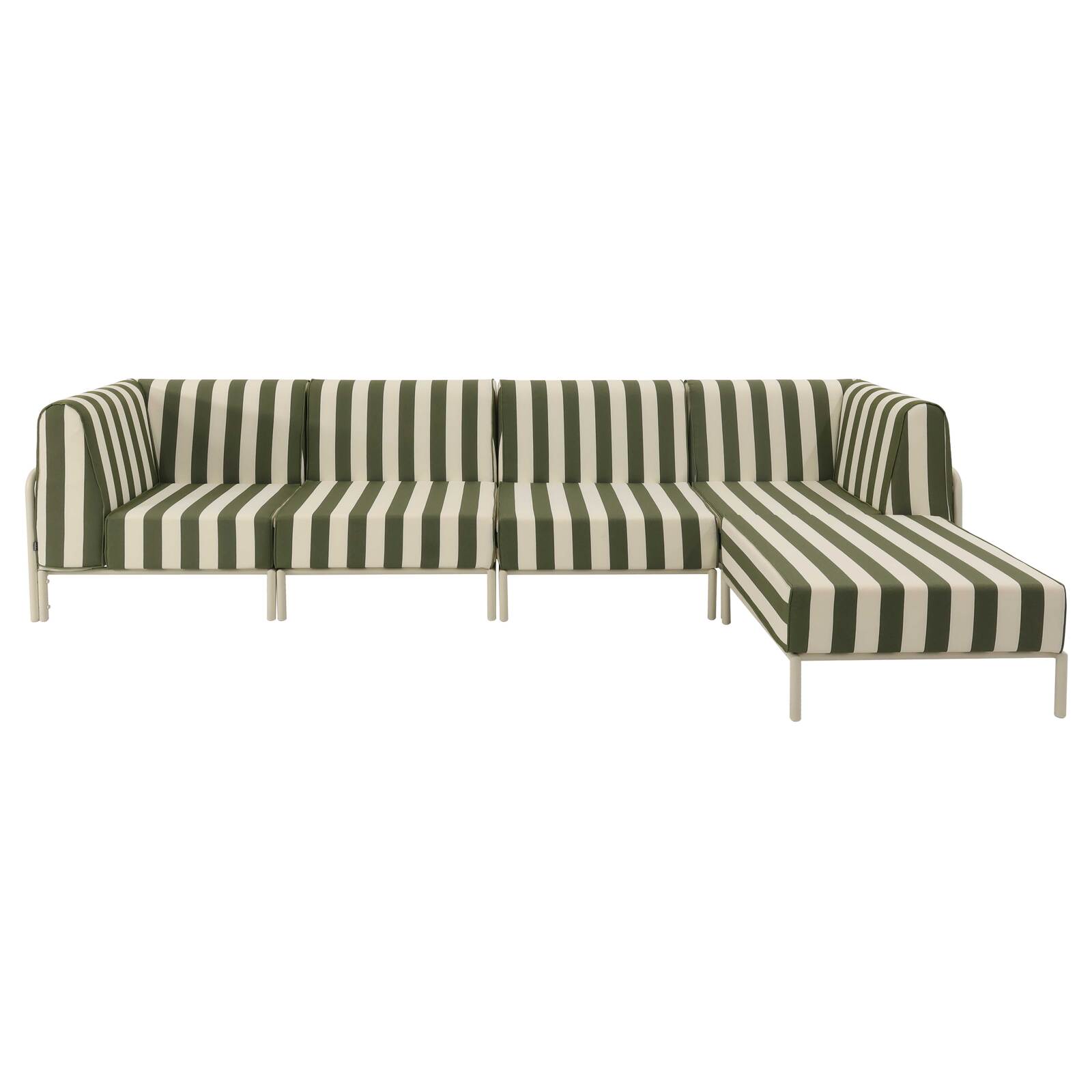 Salon de jardin modulable rayé 5 places avec 2 chauffeuses, 2 fauteuils d'angle et un pouf