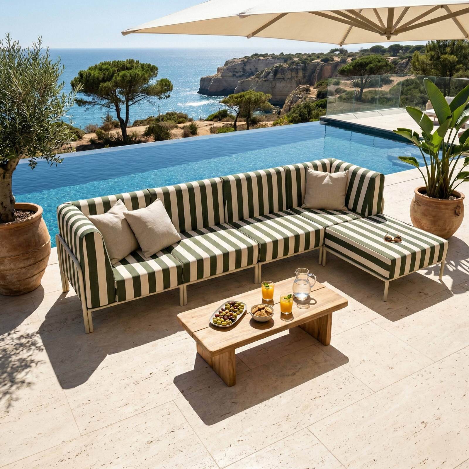Salon de jardin modulable rayé 5 places avec 2 chauffeuses, 2 fauteuils d'angle et un pouf