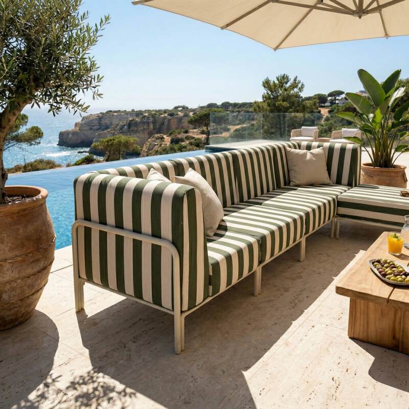 Salon de jardin modulable rayé 5 places avec 2 chauffeuses, 2 fauteuils d'angle et un pouf (4/8)