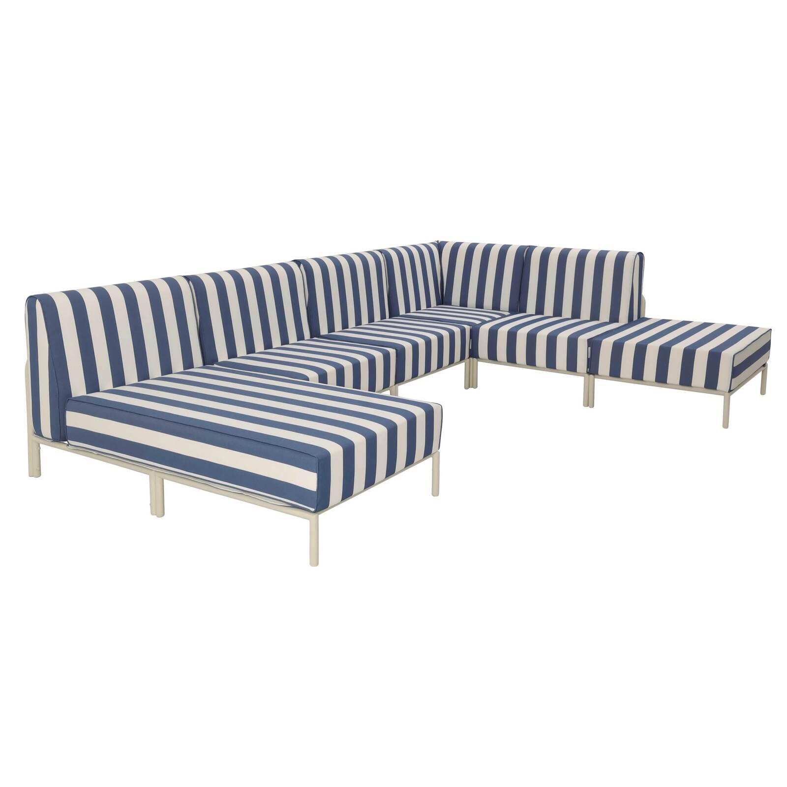 Salon de jardin modulable rayé 6 places avec 3 chauffeuses, 1 fauteuil d'angle, 1 méridienne et 1 pouf