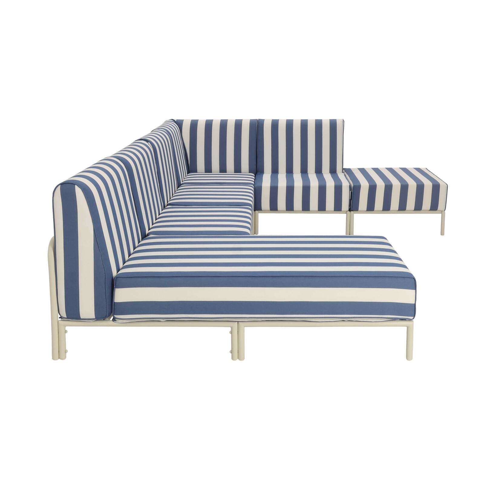 Salon de jardin modulable rayé 6 places avec 3 chauffeuses, 1 fauteuil d'angle, 1 méridienne et 1 pouf