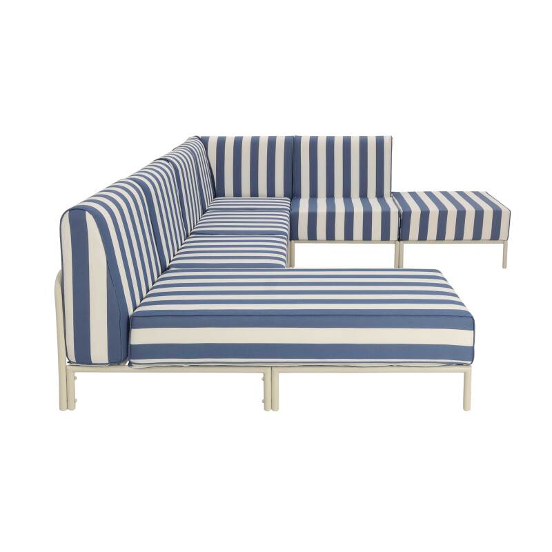 Salon de jardin modulable rayé 6 places avec 3 chauffeuses, 1 fauteuil d'angle, 1 méridienne et 1 pouf (7/8)