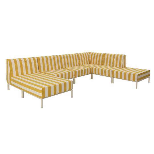 Salon de jardin modulable rayé 6 places avec 3 chauffeuses, 1 fauteuil d'angle, 1 méridienne et 1 pouf