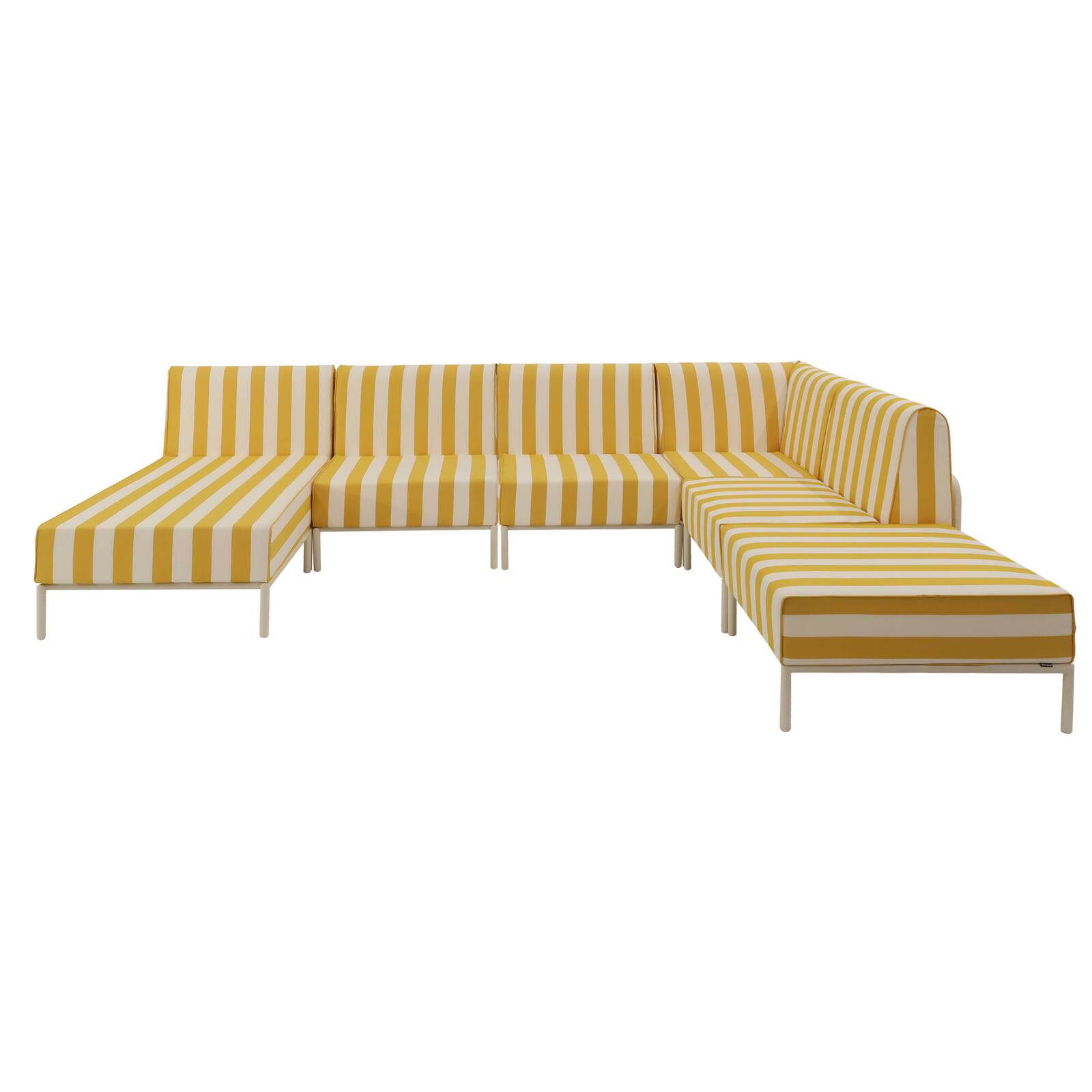 Salon de jardin modulable rayé 6 places avec 3 chauffeuses, 1 fauteuil d'angle, 1 méridienne et 1 pouf